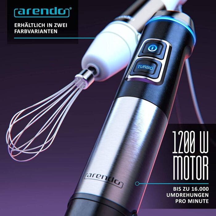 Стаціонарний блендер Arendo Stabmixer з нержавіючої сталі 1200 Вт - набір для приготування супів, смузі та соусів. Регулювання швидкості, 4-лопатеве лезо, мірний стакан 800 мл, вінчик.