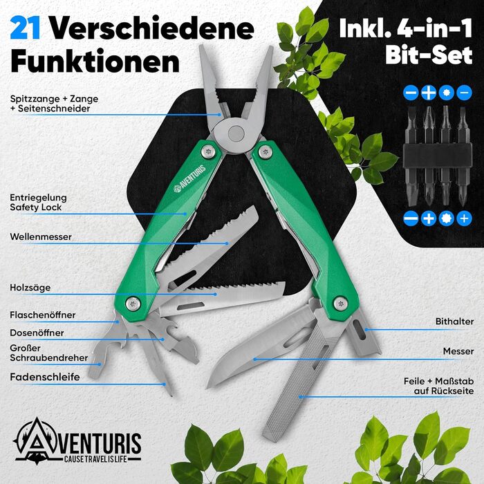 AVENTURIS® Multitool. Great multi-function tool as bicycle accessory or outdoor equipment, a multitool tool as men's gifts or Leatherman multitool green.