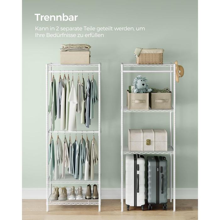 SONGMICS Clothes Rack, Open Wardrobe, Metal Coat Rack, Coat Stand with Adjustable Shelves and Clothes Rails, Hooks, High Load Capacity, Detachable, Cloud White LGR431W01