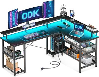 Ігровий стіл ODK з LED-підсвіткою, кутовий, з 2 розетками та 2 USB-портами, великий чорний письмовий стіл 168×120 см з сітчастою полицею