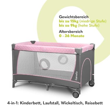 Lionelo Flower 4in1 Travel Cot Baby, Playpen Baby with Side Entrance, Changing Table, Two Mattress Suspension Heights, Play Arch with Figures, Wheels, Carry Bag 1 Piece (1 Pack) Pink