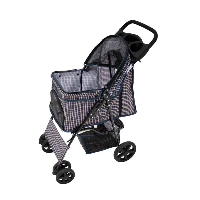 Візок для тварин Monster Shop з сумкою, знімний, складний, до 15 кг, колеса, гальма, сітчасте вікно, кошик, тримач для напоїв, кишені та водовідштовхуючий тент (синій тартан)