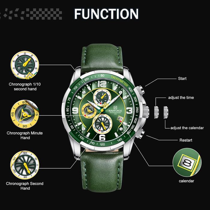 Годинники Naviforce Sport для чоловіків, аналогові, кварцові, з хронографом, шкіряний ремінець (срібло+зелений)