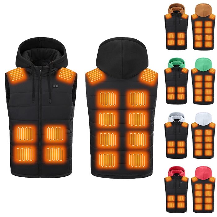 Чоловіча електрична жилетка з капюшоном, 15 зон нагріву, USB, чорна, 4XL