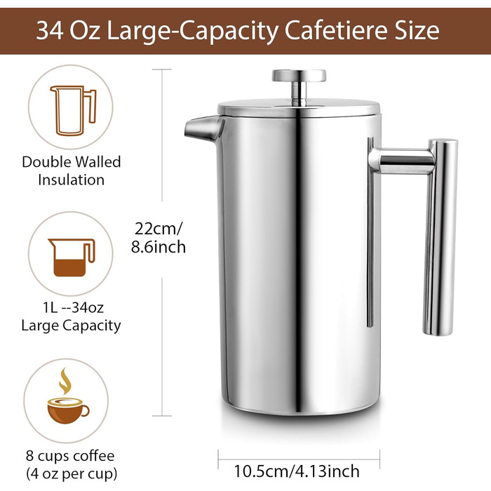 Френч-прес Cafeti, 8 чашок, нержавіюча сталь, подвійні стінки, термоізоляція, портативний, для дому, офісу, кемпінгу, 1000 мл