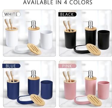 CERBIOR Набір аксесуарів для ванної кімнати з бамбука, 6 предметів: мильниця, тримач для зубних щіток, стакан для ополіскування, дозатор для лосьйону, флакон, сміттєвий контейнер, щітка для унітазу, білий