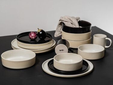 Igunga Stoneware Dinnerware Set - 12 Piece Service for 4 | Reactive Glaze, Matte Black & Glossy Interior Bowls | Premium Handcrafted Tableware