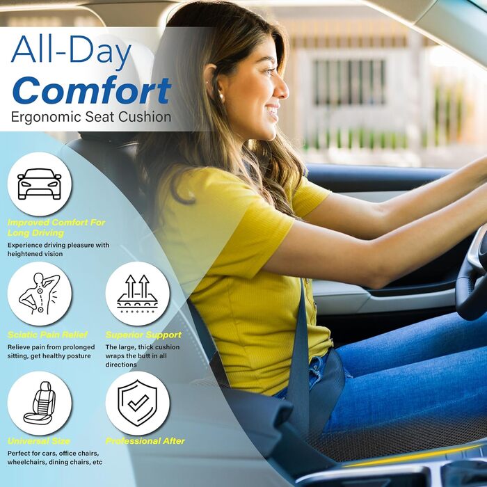 Подушка для сидіння в авто з Memory Foam для полегшення болю в попереку, велика, для водіїв невеликого зросту, комфортне водіння - для авто, офісу (чорна)