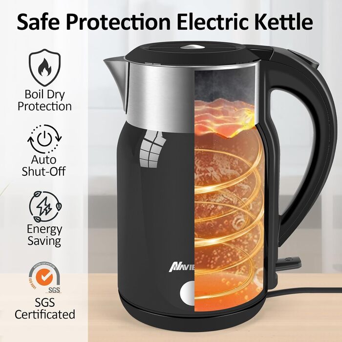 Navie Mobi Stainless Steel Electric Kettle - 1.8L, 2200W Fast Boil, BPA Free, Double Wall, Drip-Free, Auto Shutoff, Quiet & Cordless, SGS Certified, Turquoise Green (Black)