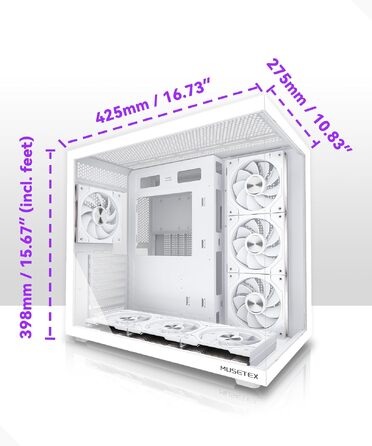 Ігровий корпус для ПК Musetex Y6 ATX Mid Tower, 7 ARGB PWM вентиляторів Infinity Mirror, панорамне загартоване скло 270°, USB Type-C, Білий