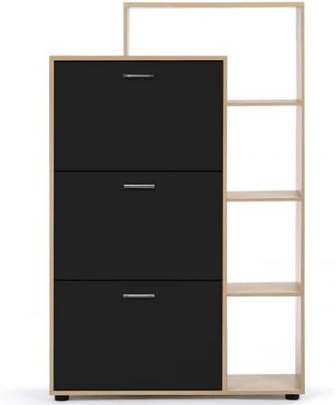 Shoe cabinet KLARK for 18 pairs, beechwood imitation finish, 3 black doors with shelf
