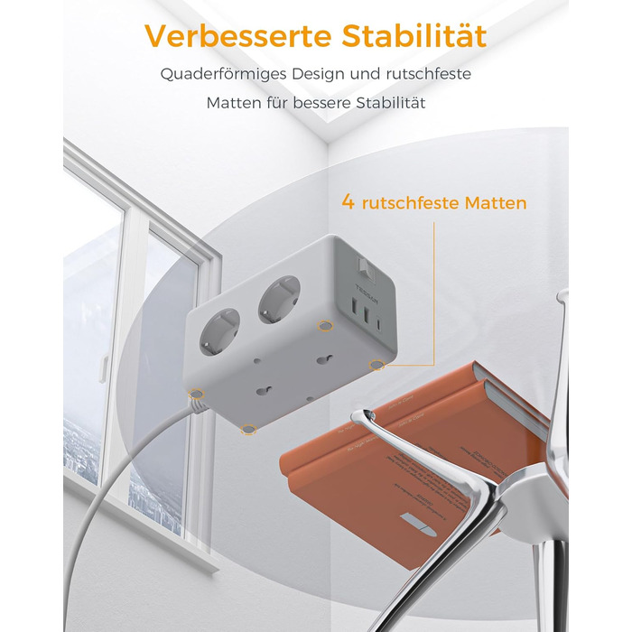 Мережевий фільтр TESSAN 6-fach з USB-C, 9 в 1 з вимикачем, 2 метри кабелю для дому та офісу