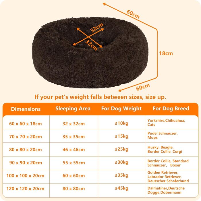 Ортопедичне ліжко для собак HMTOPE: кругла подушка, софа для собак та котів, корзина для собак, зручне, миюче, 70 см Ø, (60 x 60 x 18 см, Коричневий)