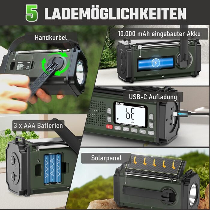 Радіо PRUNUS J-924S AM/FM/SW: Кисневе радіо, радіоприймач для надзвичайних ситуацій з сонячною панеллю, акумулятором 10000mAh, ліхтариком, SOS-сигналом та функцією зарядки телефону. Ідеально для відпочинку на природі, відключень електроенергії та надзвича