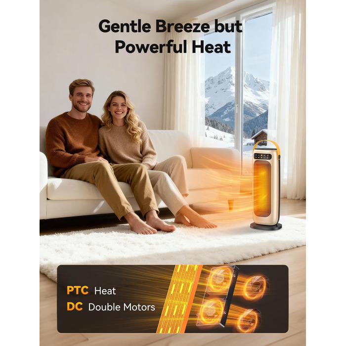 Електричний обігрівач PTC керамічний 1500W з пультом керування, 4 режими, осциляція 110°, таймер 1-10 год, захист від перегріву та перекидання. Компактний обігрівач для дому, золото.