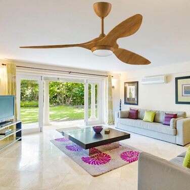 Стеляний вентилятор Reiga з підсвічуванням та пультом керування, 132 см, тихий реверсивний мотор, 6 швидкостей, таймер, регулювання яскравості та 3 колірні температури, світло-коричневі лопаті