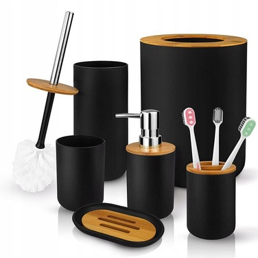 Набір аксесуарів для ванної кімнати чорного кольору: ергономічна щітка для унітазу, кошик для сміття та мильниця