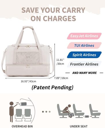 Спортивна сумка Wandf для ручної поклажі в літак (45x36x20 см) з відділенням для взуття та мокрих речей, бежева