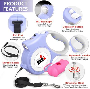 Висувна собача повідка з LED-підсвіткою, 5 м, з пакетиками для збору екскрементів, для собак малого та середнього розміру до 25 кг, система гальма та фіксації, ергономічна ручка (фіолетовий)