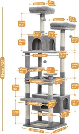 Котячий комплекс PAWZ Road для великих котів, 184 см, сірий. Двоповерховий, з сизалевою оббивкою, 2 стійки, будиночок та кошик для дому.