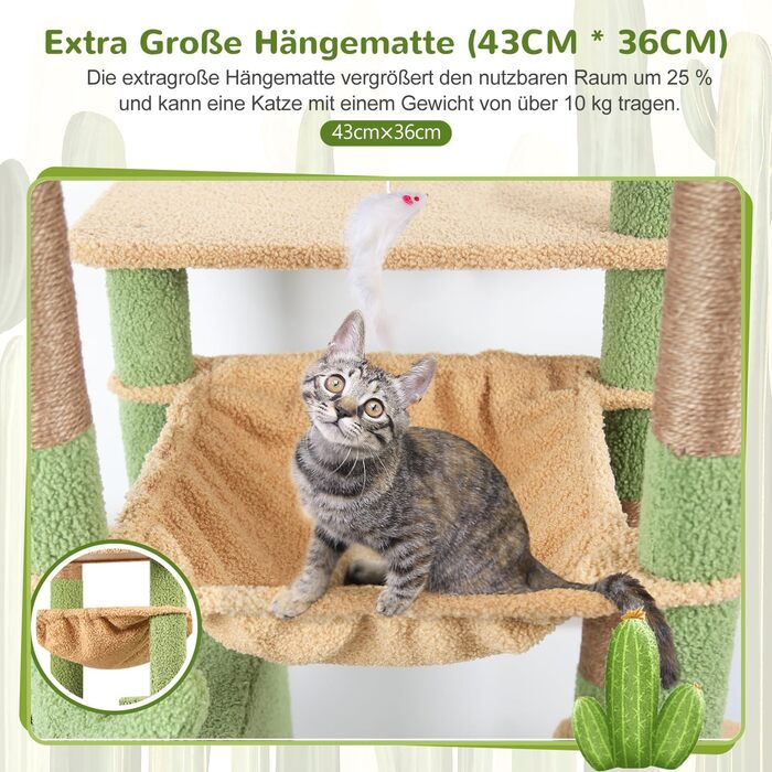 Драбина-кіготь Globlazer Kaktus (178 см) для котів: велика, з гамаком, будиночком, платформами, рампою з сизалю, стабільна для 2-4 котів (F70 Pro, зелена) XXL