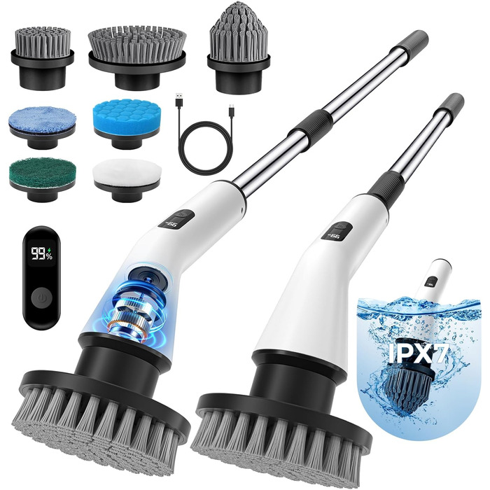 Electric Cleaning Brush, Cordless Electric Cleaning Brush with 7 Interchangeable Drill Brush Heads, Mop Set, Electric Scrub Brush with Adjustable Handle for Bathroom, Kitchen, Car, Floor