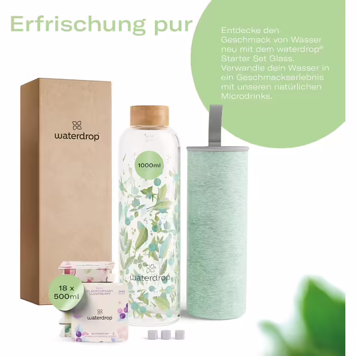 waterdrop® Mother's Day Gift Set - Glass Bottle 1 Liter incl. 18 sugar-free Drops - Gift for Women - Sampler Pack with Water Bottle, Flavor Drops & Vitamins - Carbonated Water Suitable Bottle