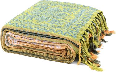 HOORDRY Chenille Woven Throw Blanket 220x260CM, Sofa Throw Blanket Overthrow Blanket for Couch Bed Sofa Chair, Double-Sided Boho Blanket with Tassels, Cozy Soft Couch Blanket Reversible Blanket, Green/Yellow Green 220 x 260 cm