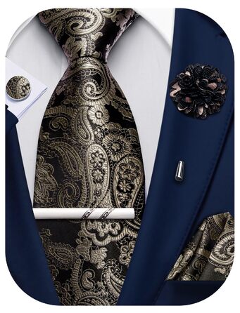 Набір краваток для чоловіків: краватка, нагрудна хустинка, краватки-слейв, краватки-кліпси, запонки, шпилька, 5 шт. (чорний та темно-золотий)