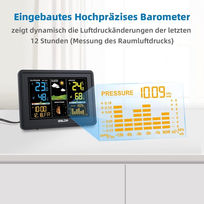 BALDR Weather Station Radio with Outdoor Sensor, Digital Color Display DCF Radio Clock Indoor and Outdoor Thermometer Hygrometer, Radio Weather Station with Weather Forecast, Barometer and Moon Phase, Power Adapter