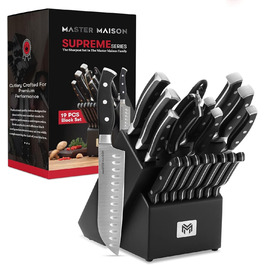 Master Maison 19-Piece Premium Kitchen Knife Set with Wooden Block | German Stainless Steel Cutlery Set with Sharpener & 8 Steak Knives