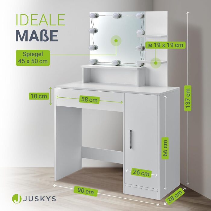 Туалетний столик Juskys Zoey з LED підсвіткою, дзеркалом, шухлядою, 3 відділеннями та шафкою, 90x38x137 см, білий, дерев'яний косметичний стіл