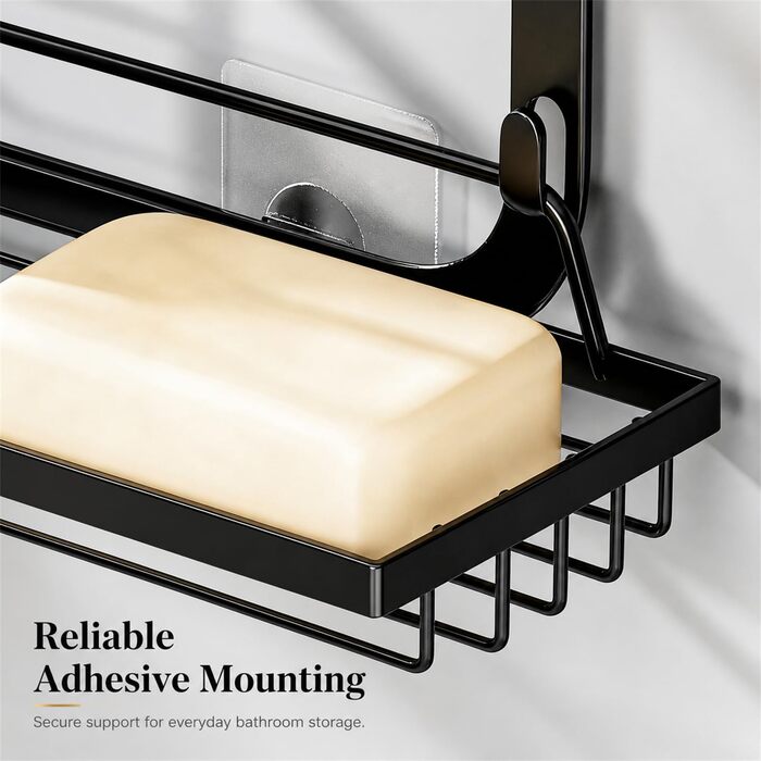 Поличка для душу без свердління, 3-рівневий підвісний органайзер для ванної кімнати з гачками та мильницею, чорна кошик-тримач для шампуня, гелю для душу та губки