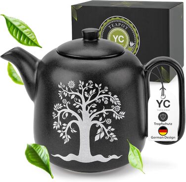 Чайник YC Yang Tree 1.3л з підставкою - керамічний, чорний матовий, з ситечком - без витоків, термостійкий, ручної роботи