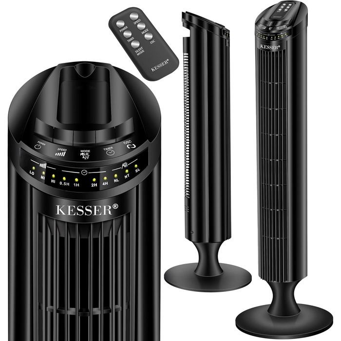 Турбо вентилятор KESSER® з пультом керування | 90° кут осциляції | 3 швидкості | 90 см | Таймер | Turbo функція | Колонний вентилятор | Чорний