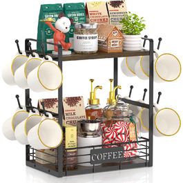 EsLuker.ly 2-Tier Mug Holder and Cup Stand, Mug Shelf for Coffee Cups, Coffee Organizer for Countertop, Coffee Station Organizer with Mug Holder, Vintage Brown-Black (14''H, Brown + Black)