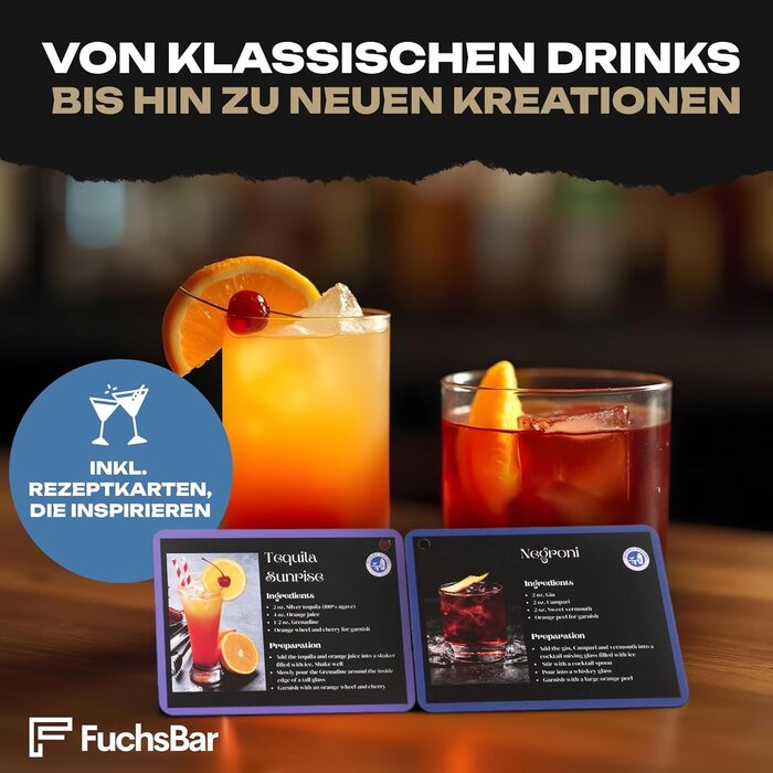 FuchsBar Cocktail Set, 8-Piece, Stainless Steel, with Shaker, Strainer, Spoon, Recipe Cards & Accessories – Perfect Bar Set for Home, Parties & as a Gift