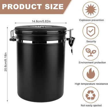 Кавовий контейнер ZONJIE 2.8л з нержавіючої сталі, вакуумний, з CO2-вентилем та датчиком дати, для 1 кг кавових зерен