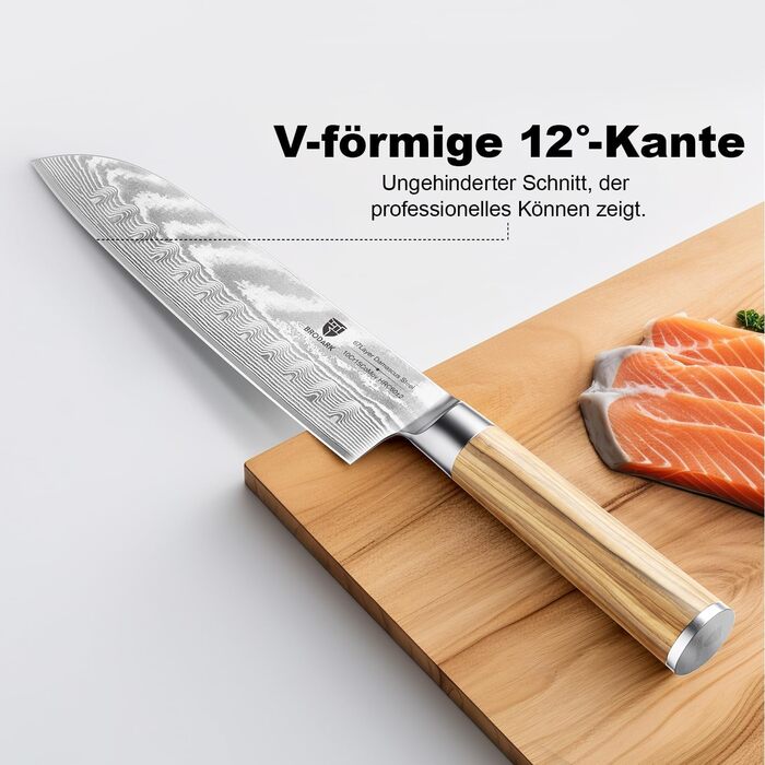 BRODARK Кухонний ніж для приготування їжі Дамаск, японський, VG10 сталевий клинок, професійний, ручка з оливкового дерева, нержавіюча сталь, 7 дюймів