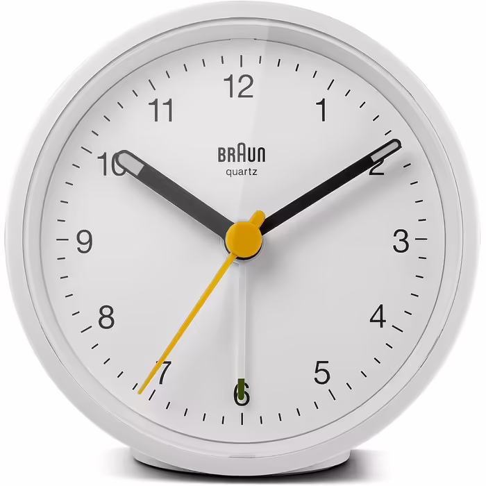 Braun Classic Analog Alarm Clock with Snooze Function and Light, Silent Quartz Movement, Crescendo Alarm in White, Model BC12W.