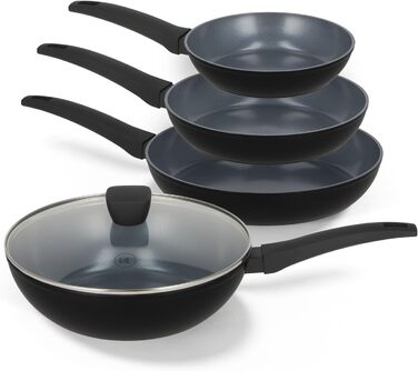 Набір сковорідок Be Living Delight 4 шт. (20/24/28 см + Вок 28 см з кришкою), антипригарне покриття кераміка, для індукційних плит, без PTFE та PFOA, чорний