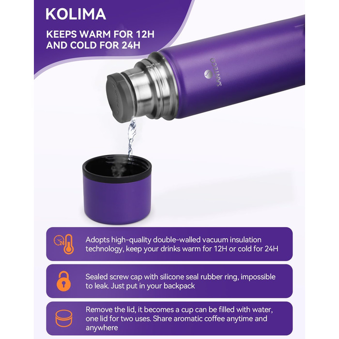 Термос-термокана з нержавіючої сталі SANTECO 1л, 500мл, не протікає, з кришкою-чашкою для подорожей. Термос для кави та чаю для дітей, спорту, без BPA, 24 години холод, 12 годин тепло (фіолетовий, 500 мл)