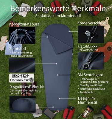Litume Thermolite/Velour Sleeping Bag Liner 12°C/ 8°C, All-Season Anti-Static Mummy Sleeping Bag Liner Backpack Camping Lightweight Sleeping Bag with Drawstring Hood Hut Sleeping Bag Hiking