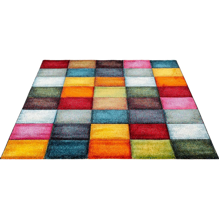 Monde Deluxe Living Room Carpet, Hand Carved, Short Pile, Colorful, Multicolored, Blue, Red, Brown, Green, Grey, Checkered, 80 x 150 cm, Multicolored