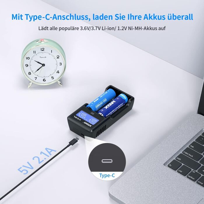 Зарядний пристрій XTAR VC2L для акумуляторів 18650/21700 з LCD дисплеєм та USB Type-C, 2 слоти, для Li-ion 3.6V/3.7V та Ni-MH/Ni-Cd AA/AAA