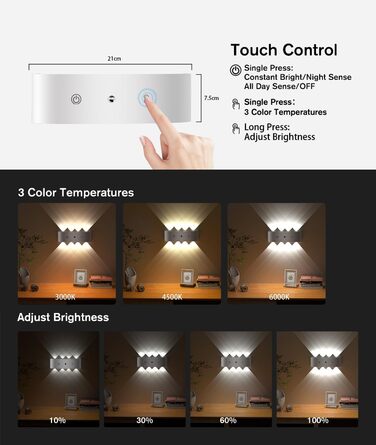 LED-стінні світильники на батарейках YrgePowk (2 шт.) з датчиком руху, USB-зарядка, 3 кольори, бездротові, білі