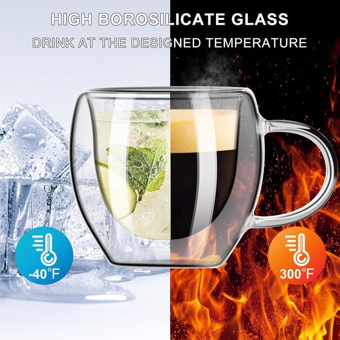 Набір з 2 еспресо-чашок PARACITY, подвійні стінки, 75 мл, з ручкою, з боросилікатного скла, аксесуари для еспресо