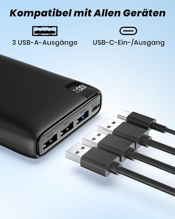 Power Bank Riapow 26800mAh з LED-дисплеєм: зарядка для смартфонів та планшетів, 4 порти USB, 22,5W, чорний