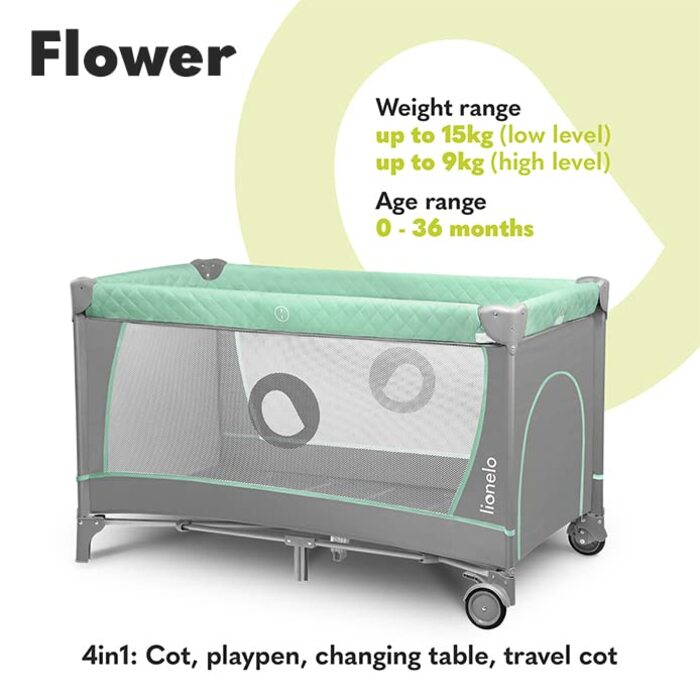 Lionelo Flower 4in1 Travel Cot Baby, Playard Baby with Side Entrance, Changing Table, Two Mattress Suspension Heights, Toy Arch with Figures, Wheels, Carry Bag 1 Piece (1 Pack) Turquoise