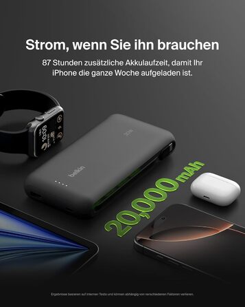 Зовнішній акумулятор Belkin Portable Powerbank 20000 mAh 30W з вбудованим кабелем USB-C PD для iPhone 16, iPad Pro, Samsung Galaxy S25, чорний